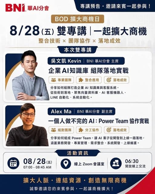 本週五的BNI主題,我與Kevin將會分享如何建立你的AI團隊。
在眾多應用場景